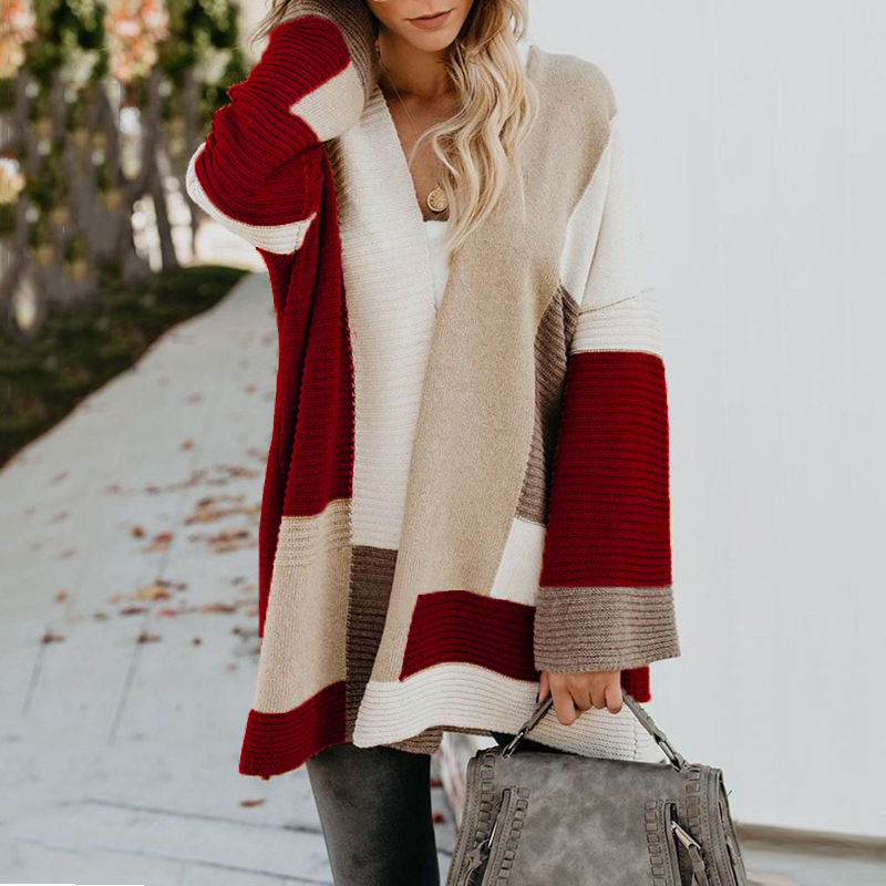 autumn and winter new sweater plus size loose geometric color matching sweater cardigan NSYF848