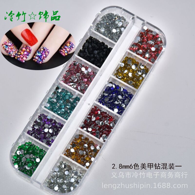 Nail jewelry nail flat diamond 12 grid long diamond box acrylic Diamond 2.8MM round diamond 12 color DIY rhinestone 1