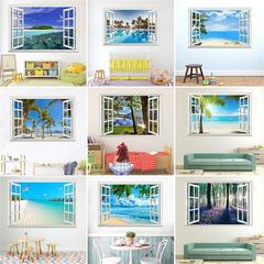 Kunshang cross-border new beach island 3D fake window scenery wall stickers living room bedroom corridor decorative painting KS6750