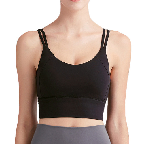 New European and American Yoga Sports Bra with Double Fine Shoulder Straps, Small Strap Backless Top, Removable Pads, Beautiful Back Sports Bra