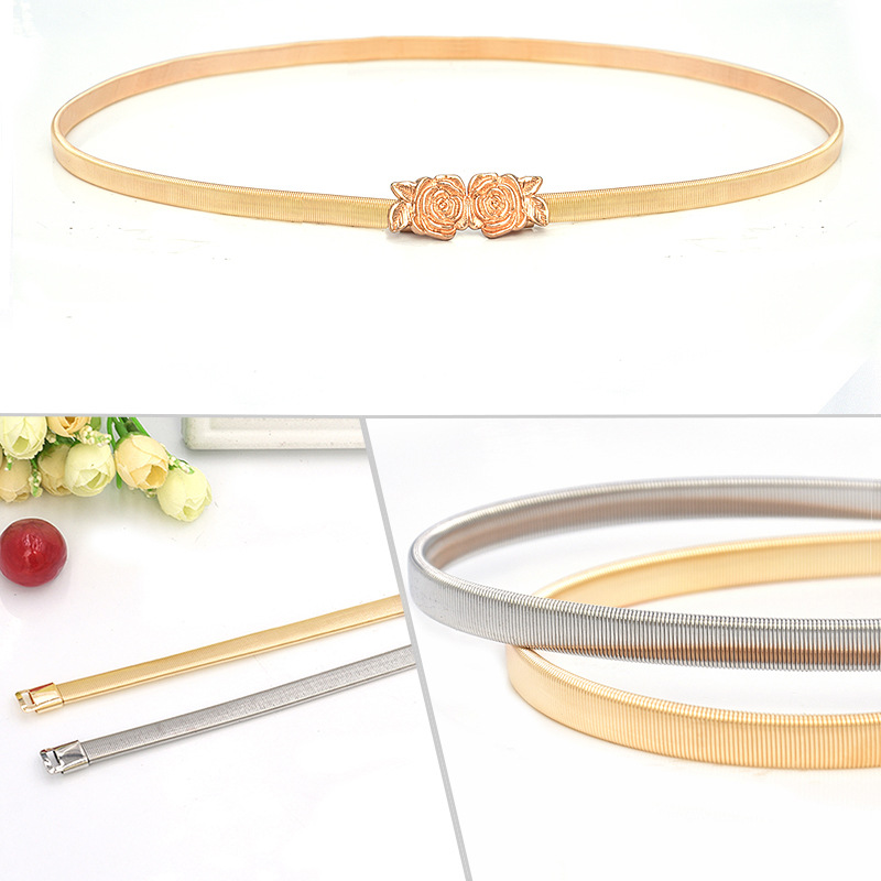 Venta caliente de estilo europeo y americano cinturón de metal cadena elástica Cadena de cintura aleación Rosa cinturón elástico