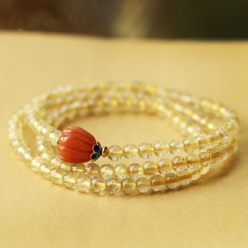 Natural Brazilian Blonde Crystal Titanium Crystal Round Bead Multi-circle Bracelet For Women With Gold Silk Jade Pumpkin Natural Fresh And Generous