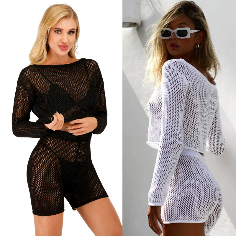 crochet bikini cover up Women's Bikini Cover Up Set Solid Color Hollow Mesh Knitted Long Sleeve Tops and High Waist Shorts Set sexy swimsuit cover ups