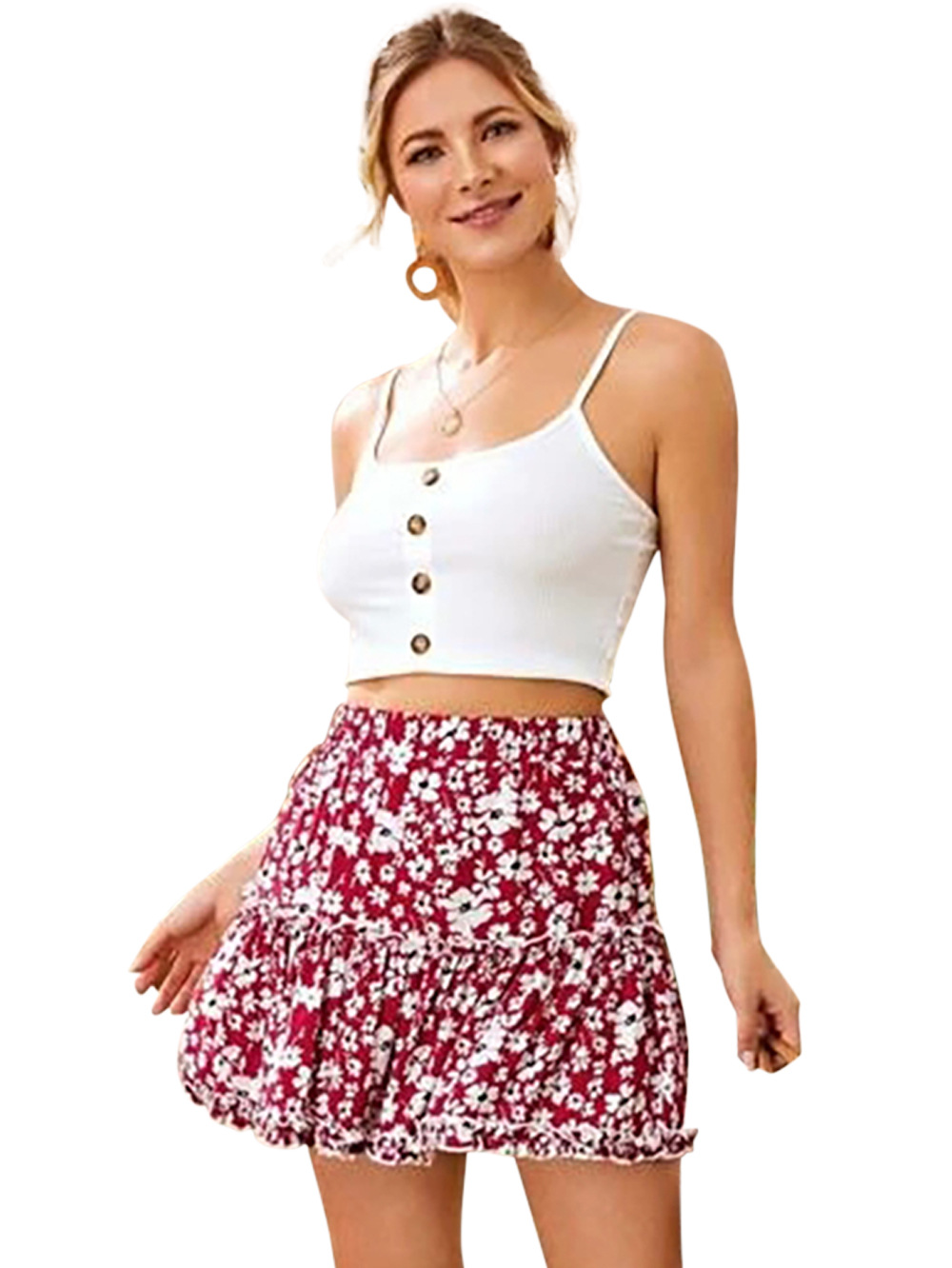 Verano nuevo rojo de cintura alta con volantes orejas de madera elástica pequeña falda floral falda de playa NSDF1528