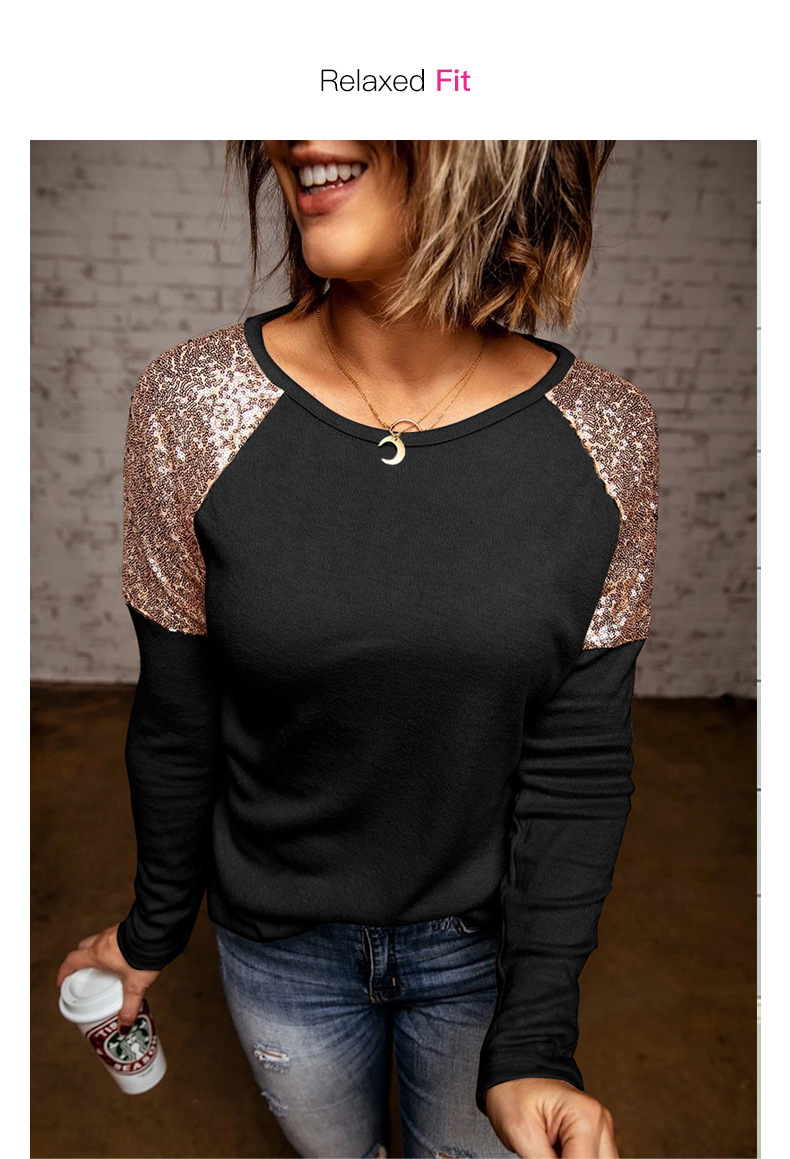 women s autumn new style solid color sequin stitching casual round neck pullover sweater  NSSI2373