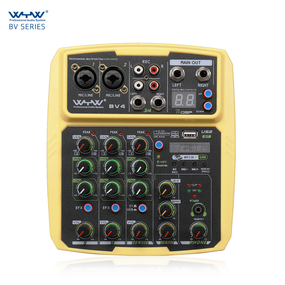 跨境4路调音台室外会议音响USB蓝牙混响音频处理器K歌直播带声卡