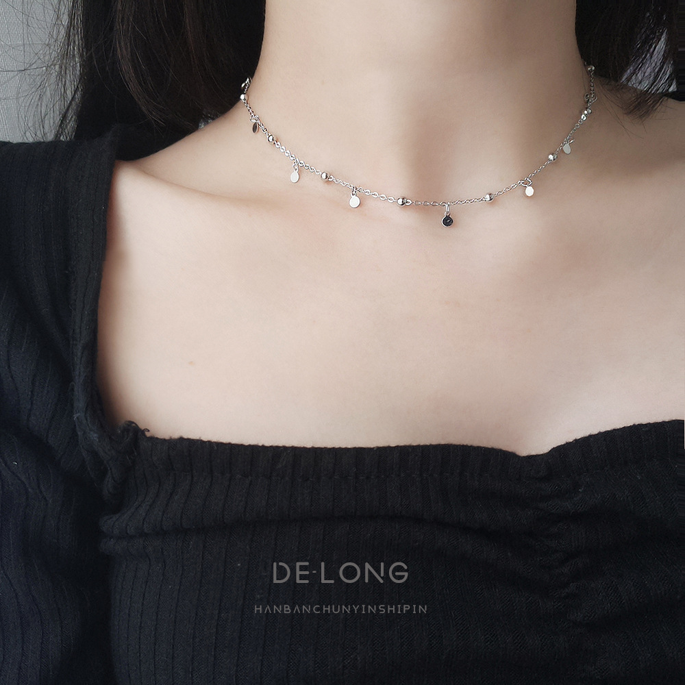 Personality simple ball neckline S925 sterling silver necklion INS wind Korean version of temperament women's round card clavicle chain jewelry