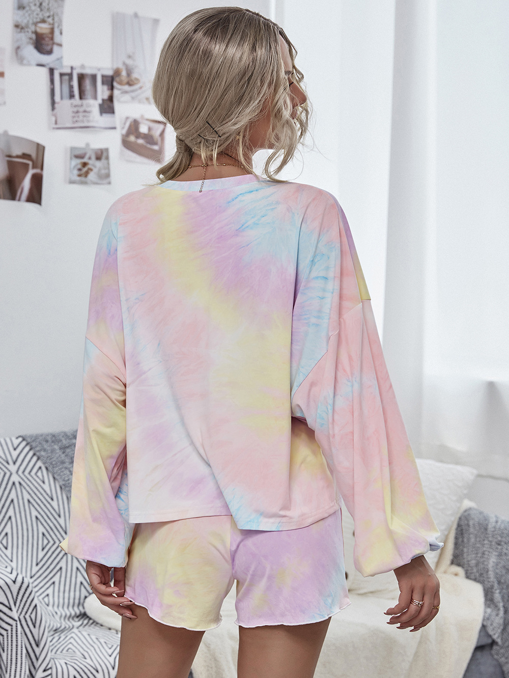   comfortable breathable long-sleeved tie-dye home wear two-piece ladies suit NSDF1281