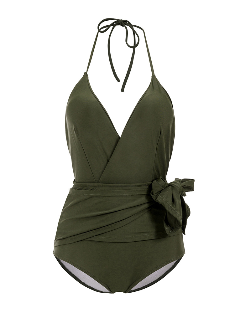 new army green deep V sexy one-piece swimsuit NSHL22655