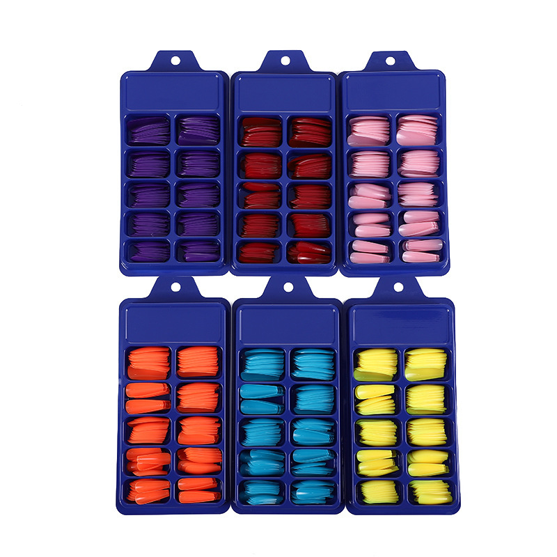 In stock summer Internet celebrity candy solid color ballet nail 100 pieces blister small blue box full sticker coffin T trapezoidal fake nails