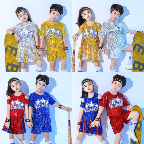 Children boy girls gold silver red blue sequined jazz dance costume modern gogo dancers hip-hop street dance outfits for kids