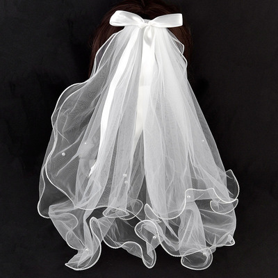 新款蝴蝶结双层拷边小头纱派对拍照头饰软网新娘头纱婚纱礼服配饰|ms