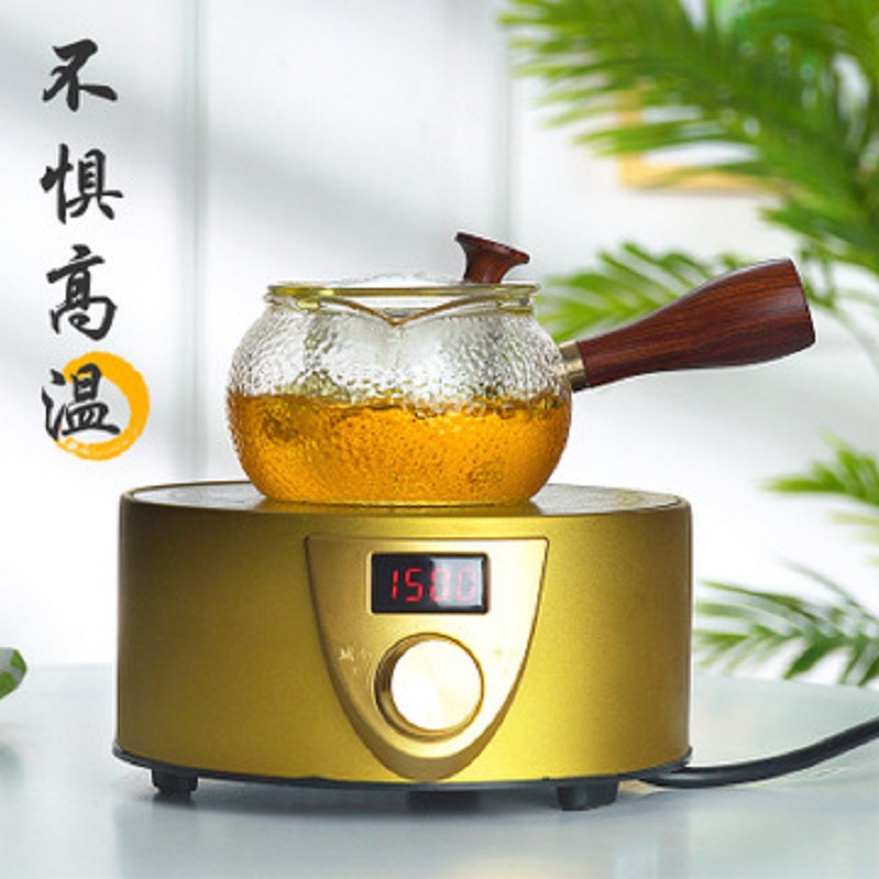 Fábrica al por mayor patrón de martillo mango lateral olla de vidrio resistente al calor tetera de La Flor eléctrica estufa de cerámica calefacción Kung Fu juego de té tetera