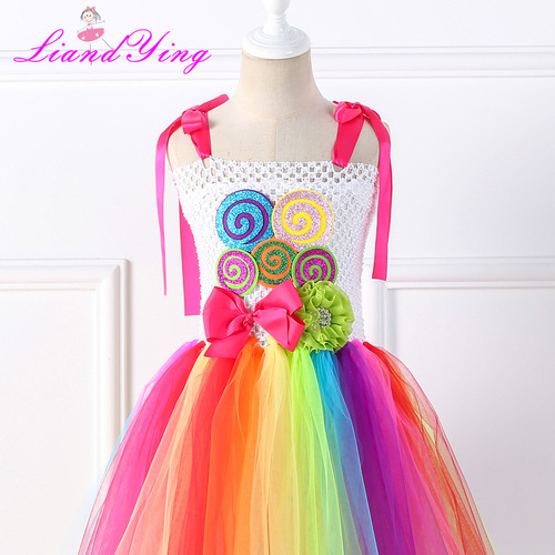 Children's Lollipop Dress, Mesh Tulle Tutu Skirt – Candy-Colored Rainbow Design for New Year’s Day Performance & Dance Wear, Girls’ Formal Gown
