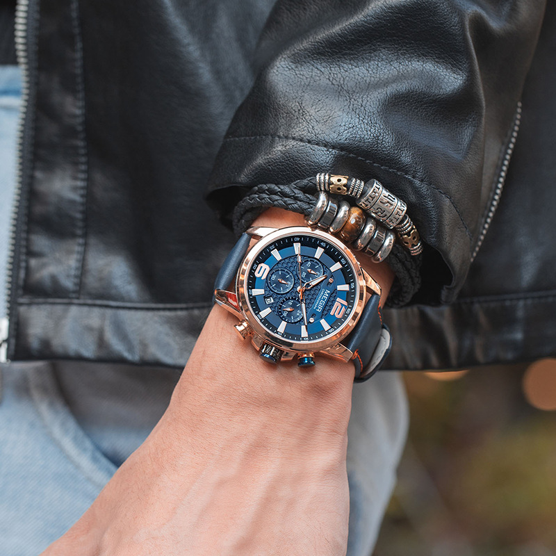 新品美格尔MEGIR男士 手表多功能计时真皮运动石英表一件代发2156