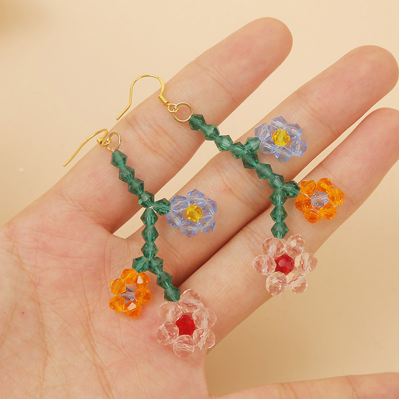 Korean Cute Hand-woven Crystal Flower Earrings Long Temperament Earring Jewelry Wholesale Nihaojewelry display picture 2