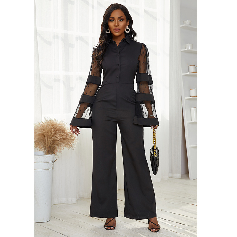 mesh stitching polka dot high waist jumpsuit NSSA25972