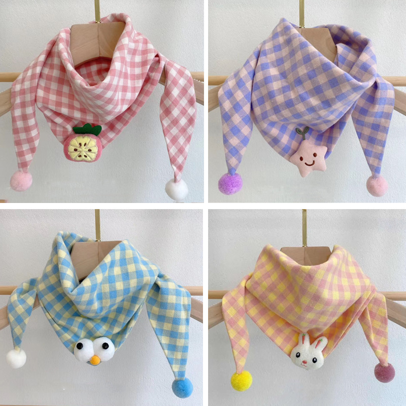 2022 Korean version cotton linen checkered children's scarf versatile cartoon triangle scarf baby saliva towel baby cute scarf