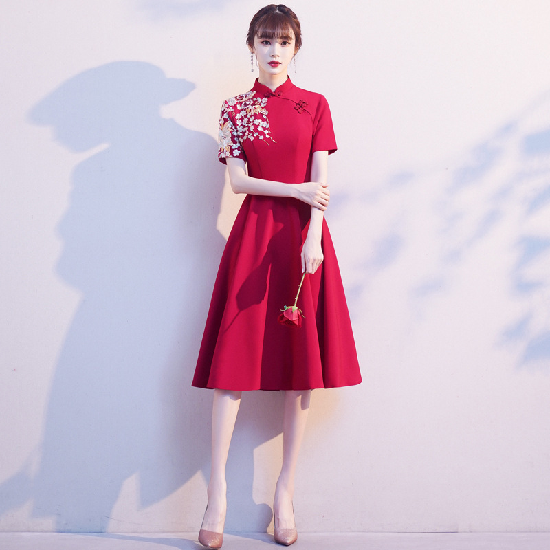 Short Stature Bride's Toast Dress 2026 Summer New Style Stand Collar Chinese-Style Bridal Homecoming Wedding Evening Dress for Pregnant Women Short Stature Bride's Toast Dress 2026 Summer New Style Stand Collar Chinese-Style Bridal Homecoming Wedding Evening Dress for Pregnant Women