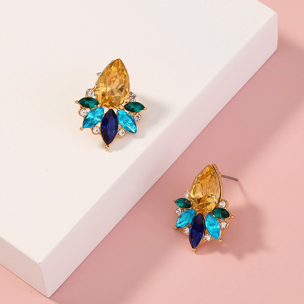 European And American Foreign Trade Fashion Diamond-studded Water Drop Leaves Multicolor Geometric Earrings display picture 3