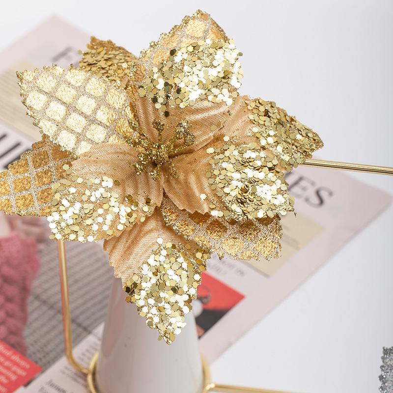 17cm pequeña flor de Navidad oro plata roja decoración de ingeniería de hotel de flores falsas flores de decoración de Navidad