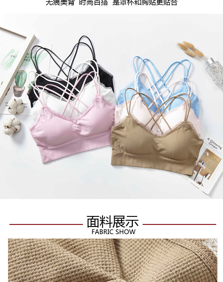 New non-mainstream color lace beauty back spaghetti-strap strapless bra for women without steel rings, with chest pads and thin shoulder straps detail image 5