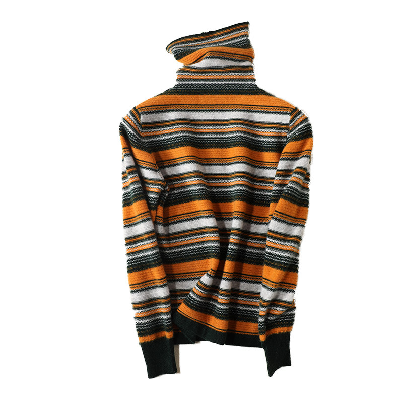 Autumn and Winter woolen sweater women's striped stitching sweater inner long sleeve slim fit pile collar simple all-match sweater fashion