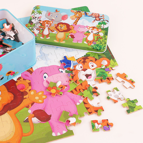 Children's wooden early education extra-large 200-piece iron box jigsaw puzzle animation street stall hot-selling toy agent wholesale