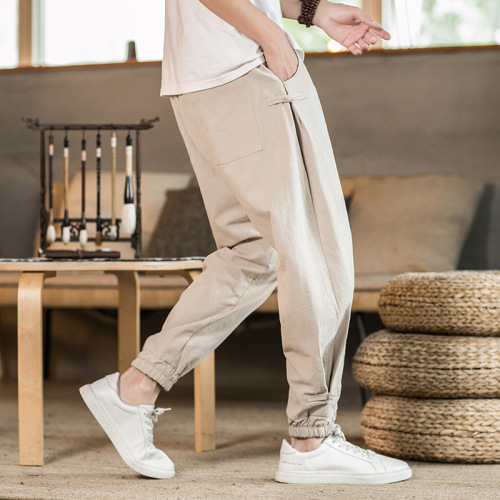 Linen Chinese kung fu pants for men male casual sports pants  breathable cotton linen buckle large size harem bloomers pants