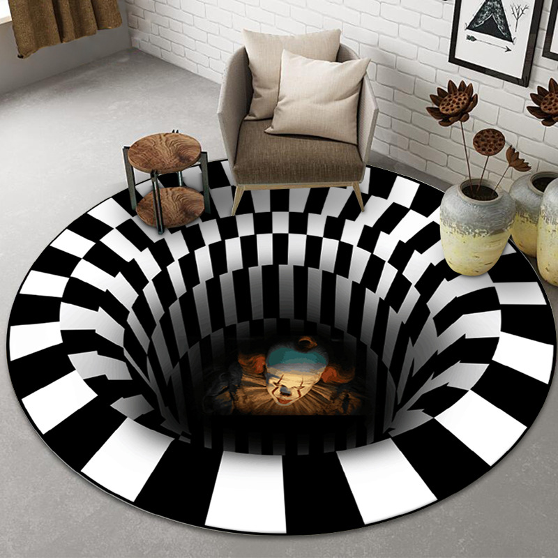 Trampa de payaso alfombra redonda transfronteriza 3D estéreo blanco y negro geométrico ilusión visual alfombra sala de estar dormitorio mesa de café estera