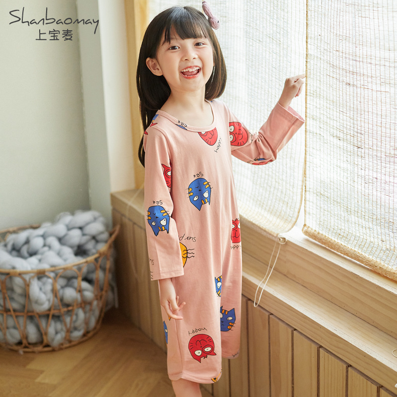 SHANGBAOMAI 어린이 잠옷 원피스 잠옷 가을 새  잠옷 목욕 가운 2 착용 방지 발로 배꼽 보호 잠옷 얇은