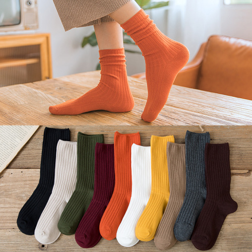 Drawstring Ankle Socks for Women - Japanese Style Pile Socks, New Fall/Winter Pure Color Cotton Medium Cuff Double Needled Women's Cotton Socks, Factory Wholesale