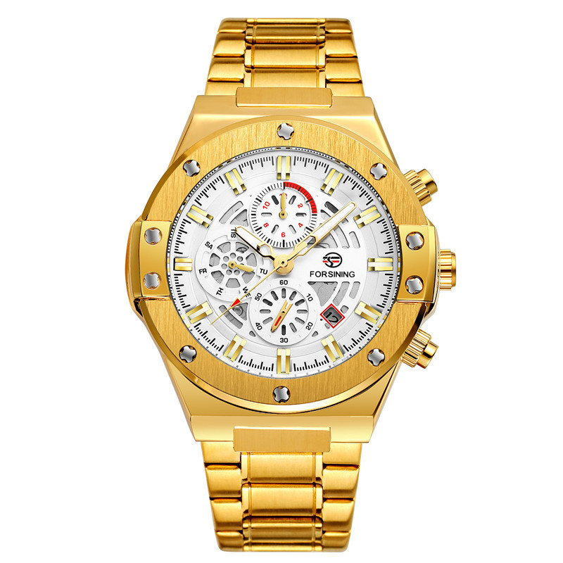 FORSINING Fusini 6914 correa de acero de moda para hombre reloj mecánico automático reloj impermeable luminoso de seis pines