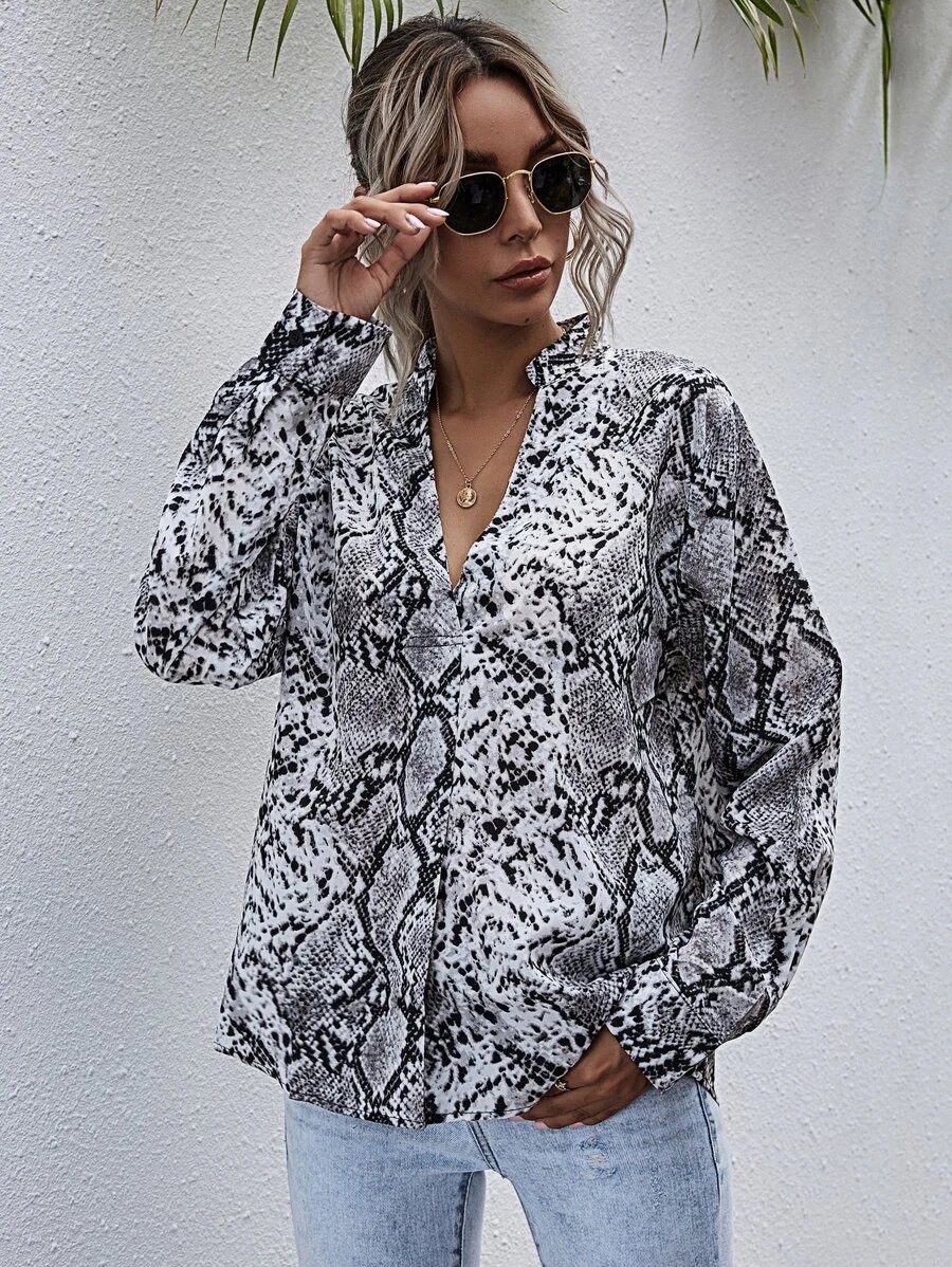 hot sale pattern shirt V-neck ladies long-sleeved loose top NSYD3743