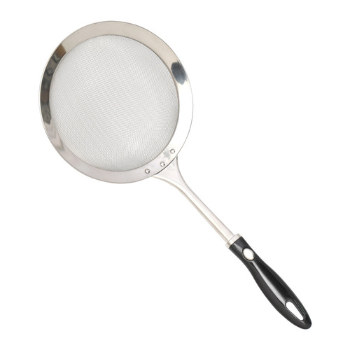 Factory direct sale 304 stainless steel mesh kitchen oil strainer noodle filter colander black handle powder strainer ladle