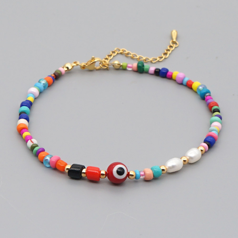 Bohemian Ethnic Style Eye Beads Rainbow Rice Beads Baroque Natural Freshwater Pearl Anklet Women display picture 12