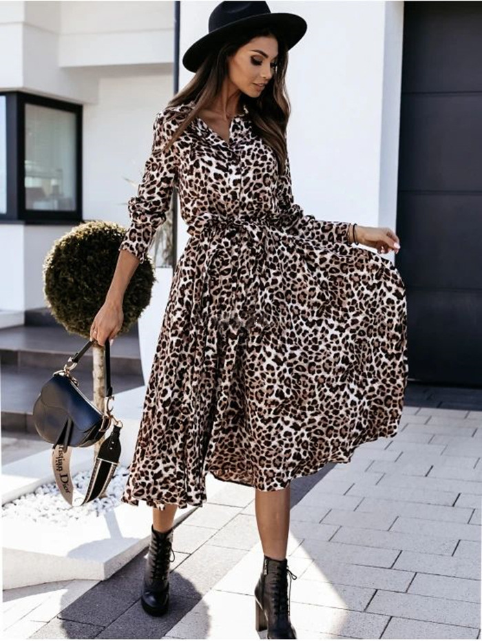 long-sleeved V-neck fashion leopard print dress NSYD3730