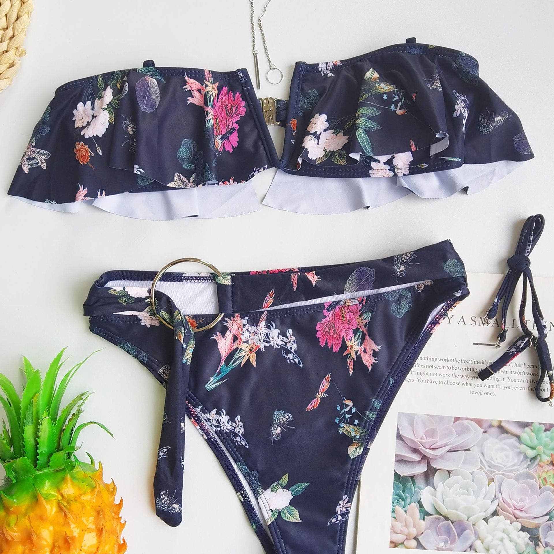 Sexy Floral Print Ruffle Bikini Split 2 Piece Swimsuit NSCMB98256