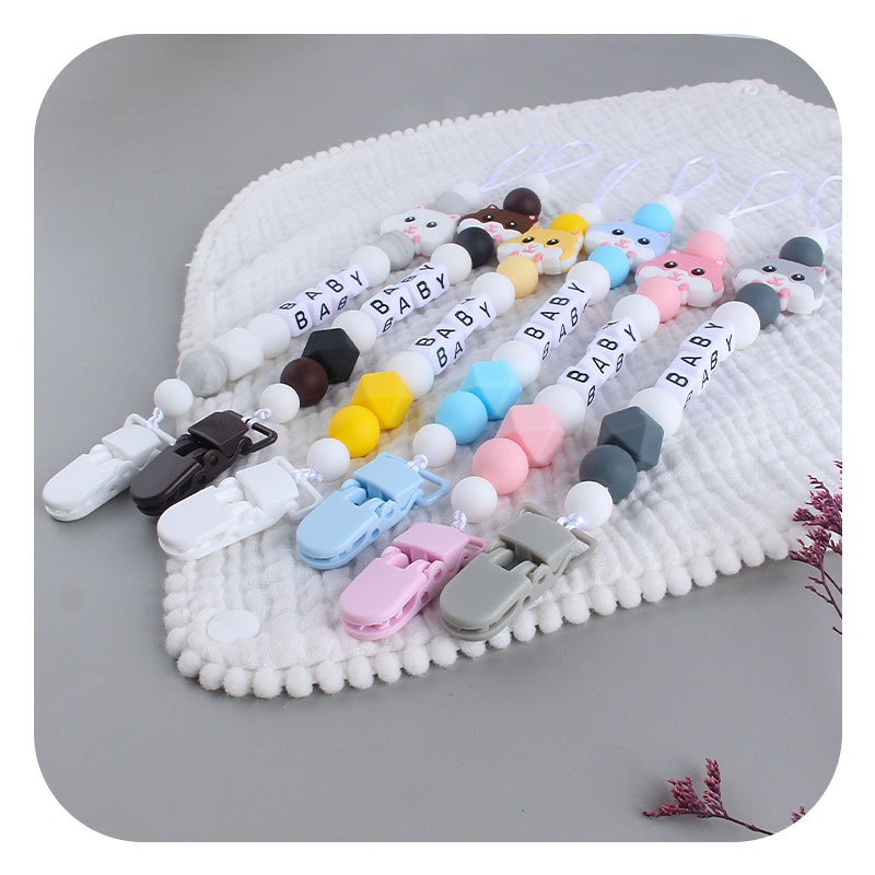 Nuevo plástico chupete clip DIY bebé nombre creativo chupete Cadena de dibujos animados de silicona hamster juguete teether