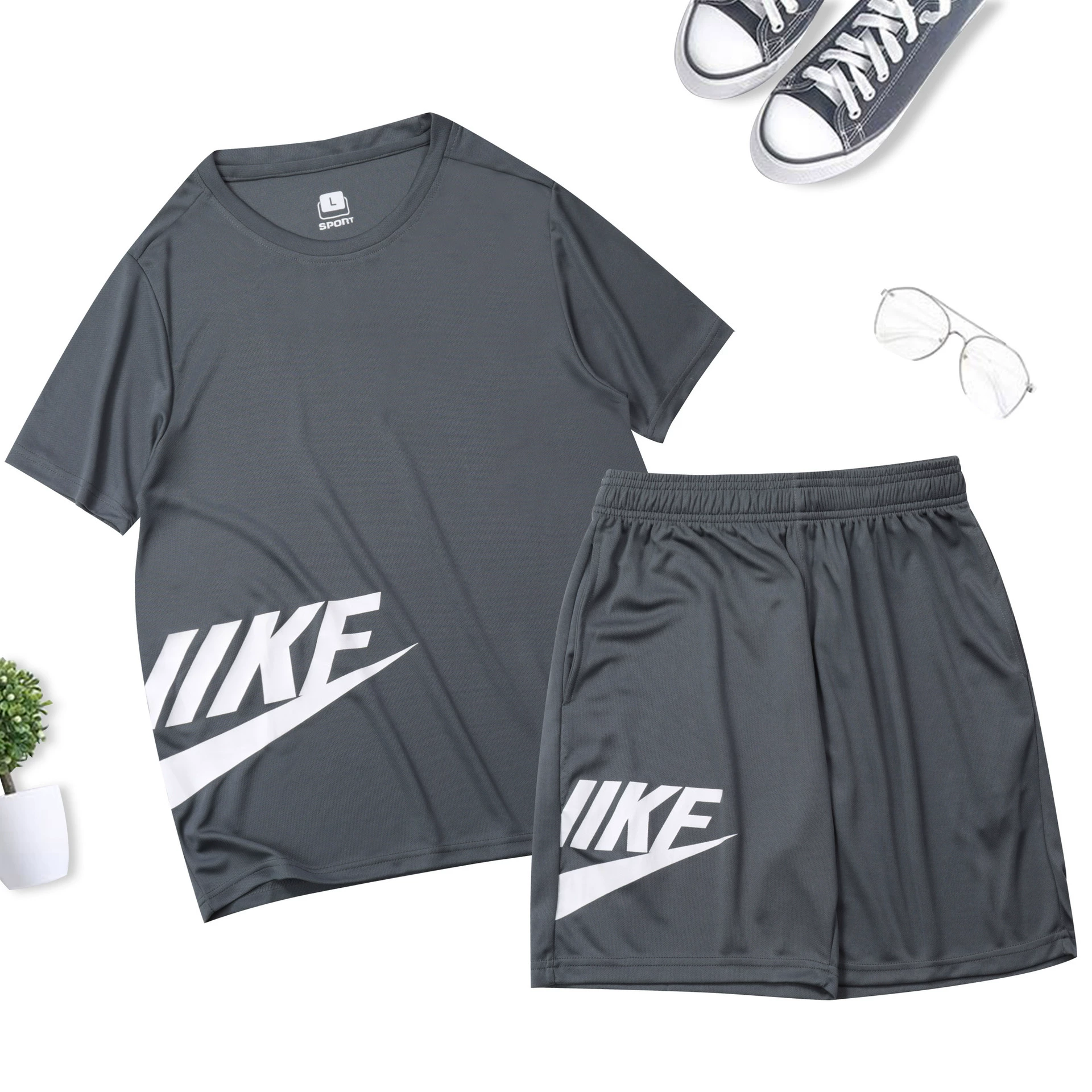 Спортивный костюм мужской летний Быстросохнущий костюм с короткими рукавами Футболка для бега, фитнеса, свободная повседневная одежда, тренировочный костюм из двух предметов