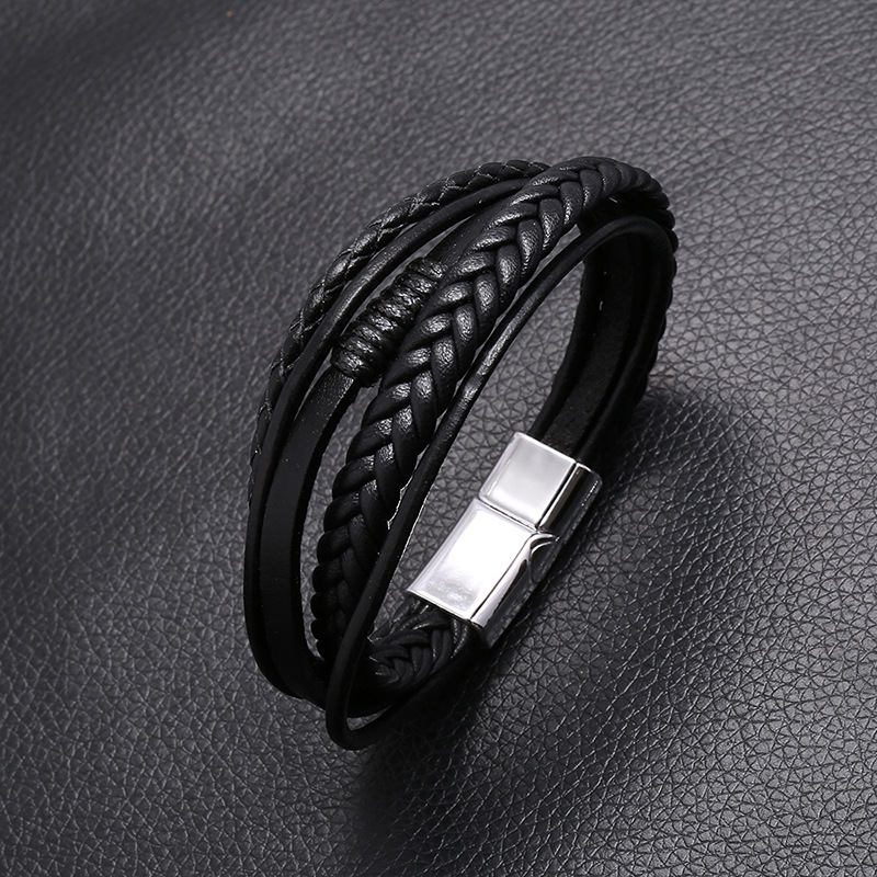Retro hand-woven menu0027s leather simple multilayer alloy magnet buckle leather bracelet nihaojewel