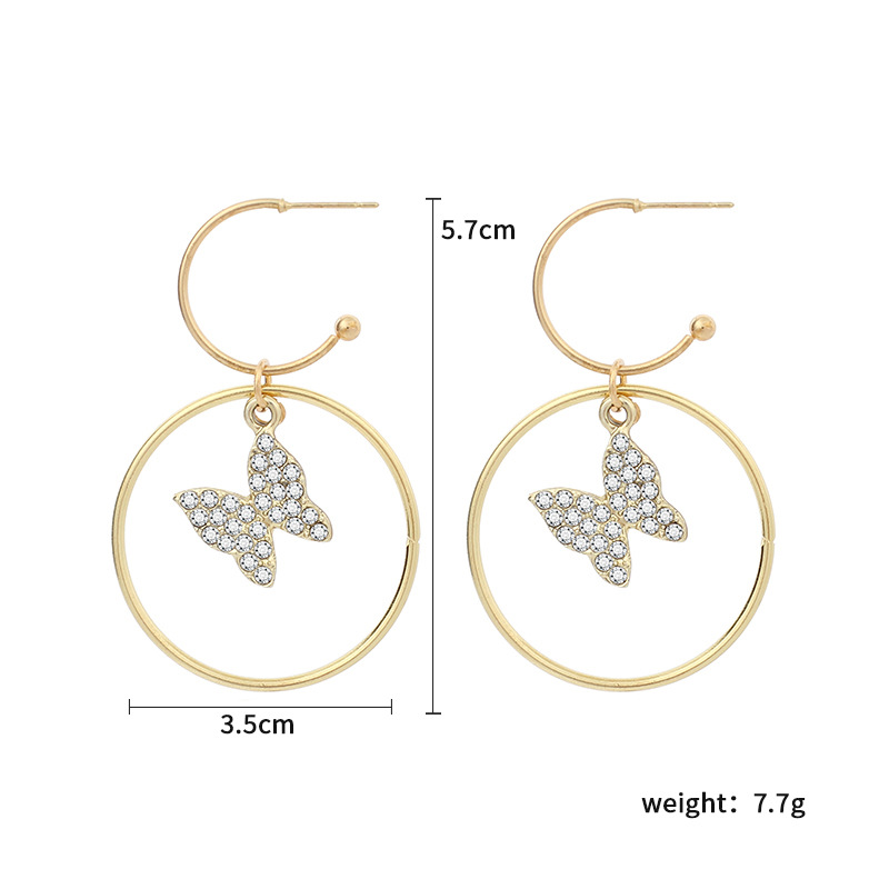 8g Weight Earrings Classification Wedding, Travel Occasion Butterfly Pattern Women'S Gender Gold Color Fashion Diamond-studded Geometric Big Circle Earrings Butterfly Pendant Rhinestone Earrings Wholesale Nihaojewelry 无