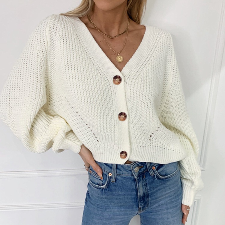 Suéter de Punto para Mujer, Otoño-Invierno 2026, Estilo Europeo y Americano, Cuello en V, Manga Farol, Color Sólido, con Botones