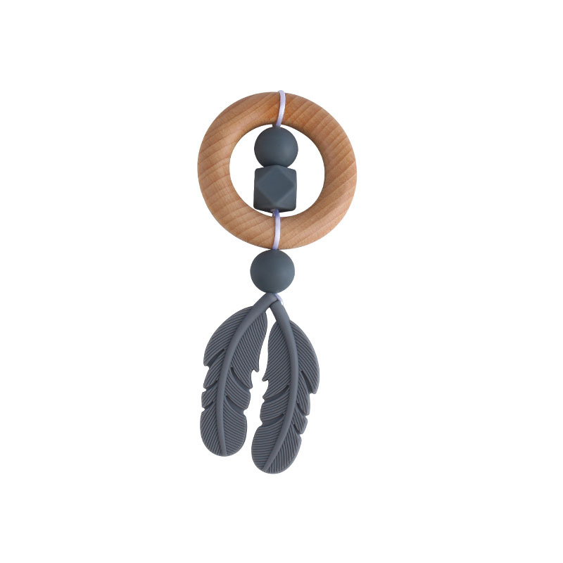 Nueva historieta DIY Beech anillo de mano molar de juguete mordedor infantil pluma de silicona perlas dientes de molienda palo