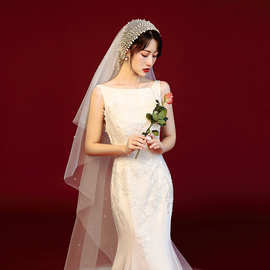 20韩式重工超仙中长款钉珍珠复古头纱女新娘影楼拍照婚纱头饰帽纱