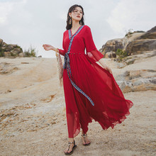 复古民族风红色连衣裙女沙漠旅拍新疆吐鲁番宁夏旅游长裙