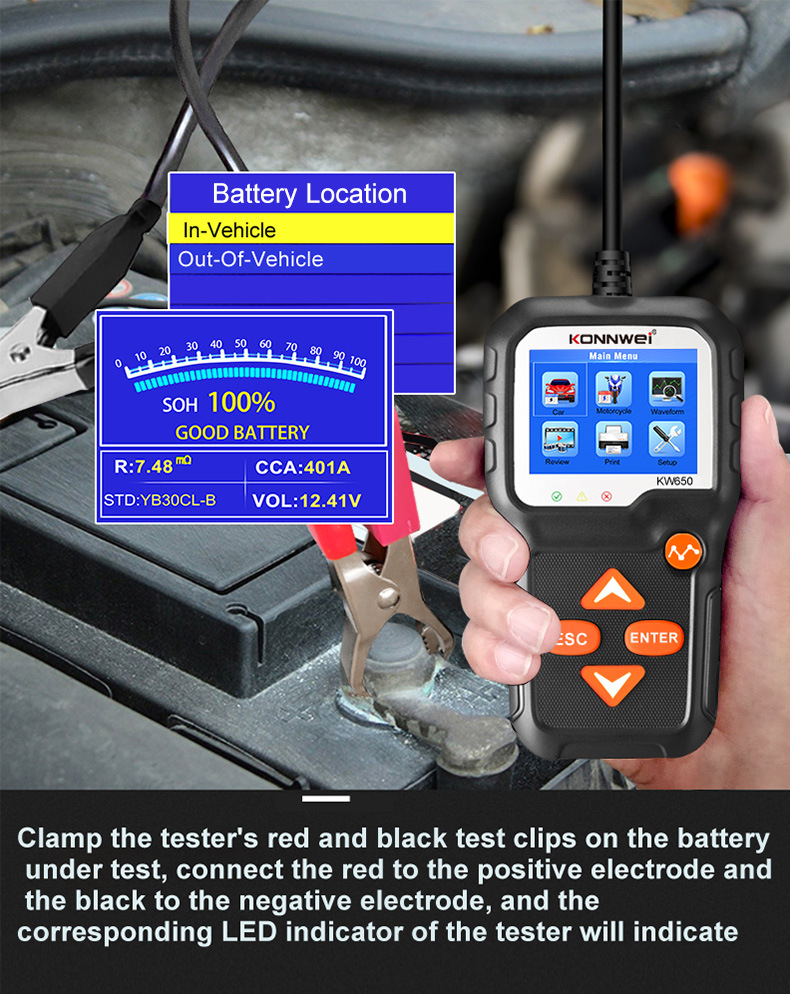 KW650 Car battery tester 6V-12V for Motorcycle Vehicles Battery