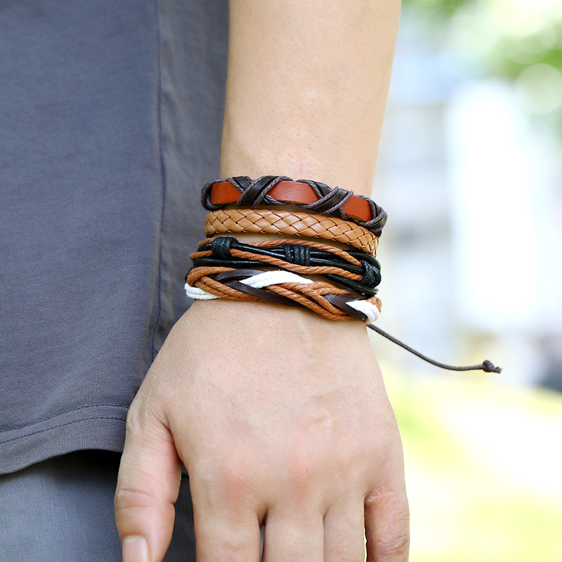 Hiphop style vintage braided cowhide 10 piece leather bracelet for women