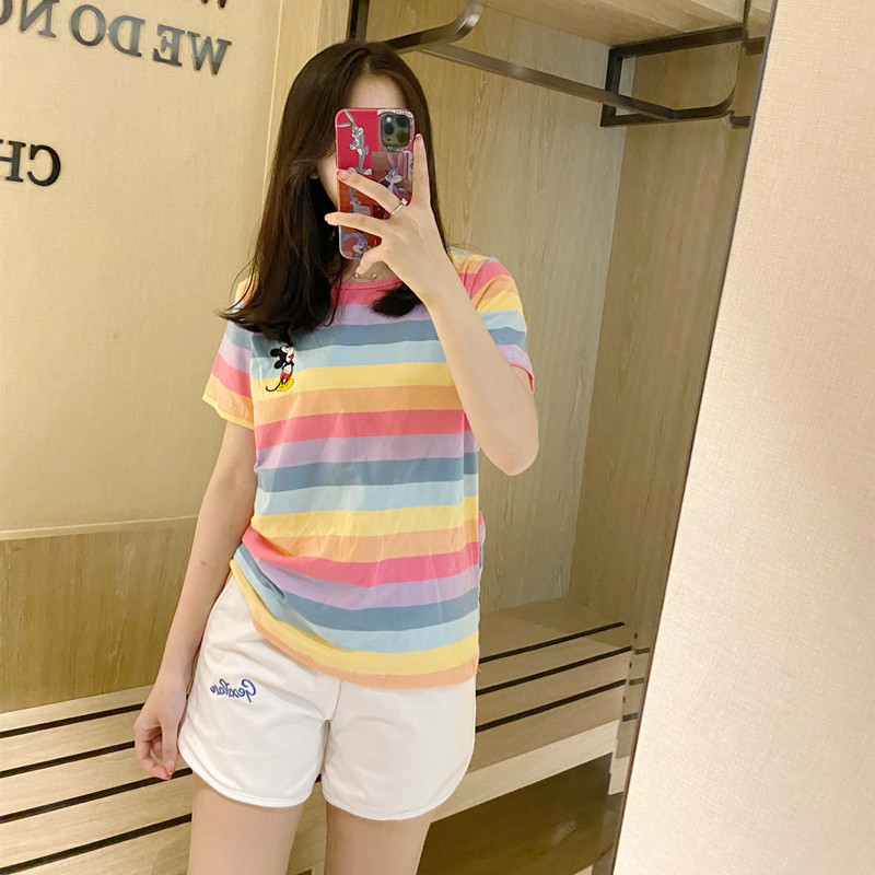Cross border Explosive money Embroidery Mickey Rainbow suit Summer wear new pattern Short sleeved shorts stripe suit Foreign trade wholesale