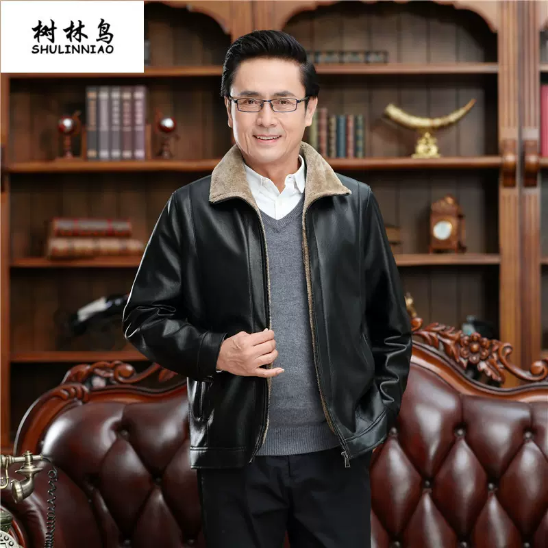 树林鸟皮衣一件代发加绒加厚皮毛一体男士中老年皮衣商务休闲外套
